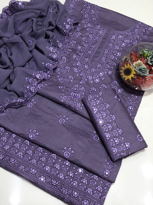 3 PC suit GTM Lawn Pure Shirt Lawn Embroidered with Cutwork embroidery 
Dupatta chiffon embroidery 
Trouser GTM pure Lawn Embroided