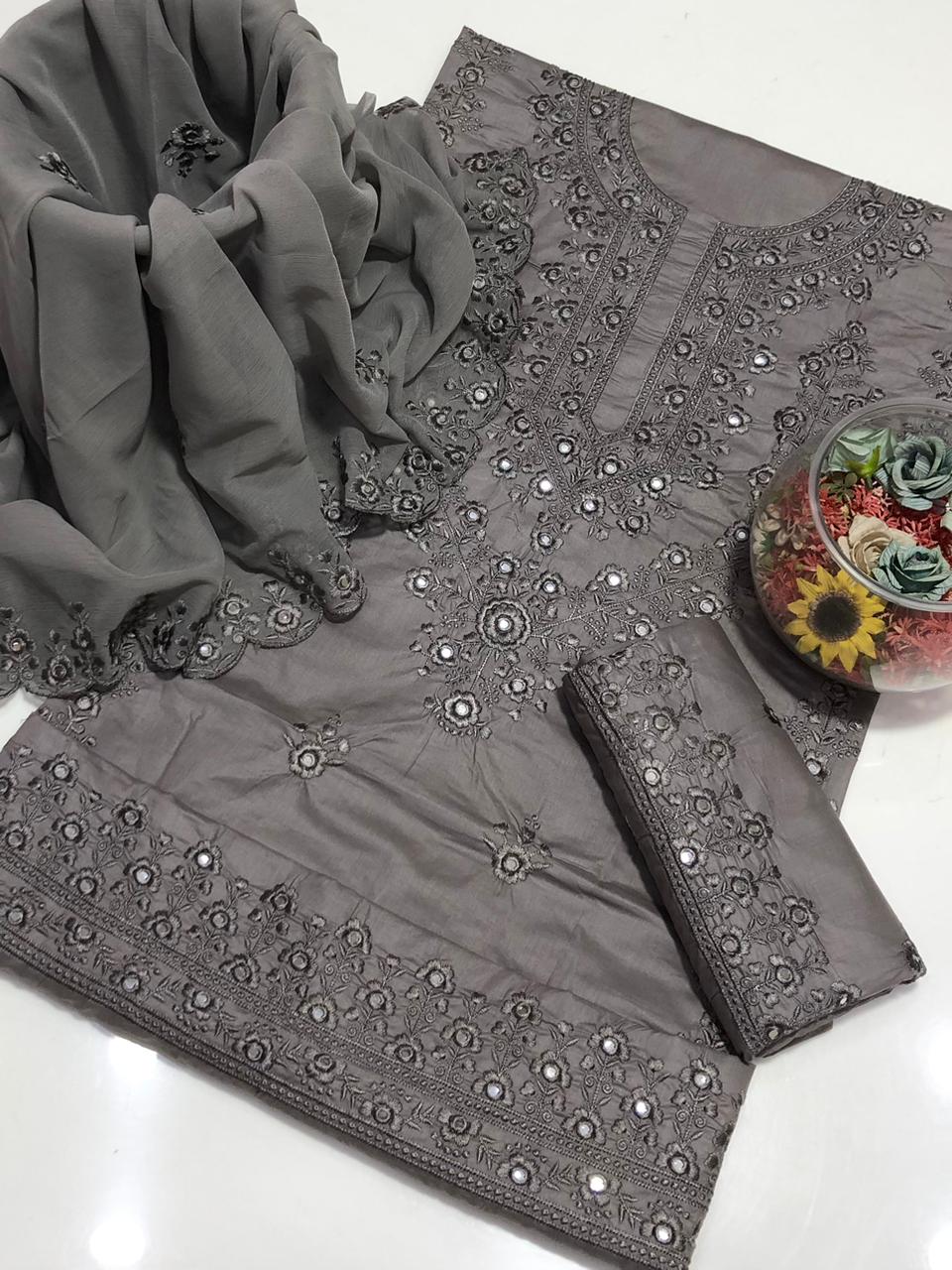 3 PC suit GTM Lawn Pure Shirt Lawn Embroidered with Cutwork embroidery 
Dupatta chiffon embroidery 
Trouser GTM pure Lawn Embroided