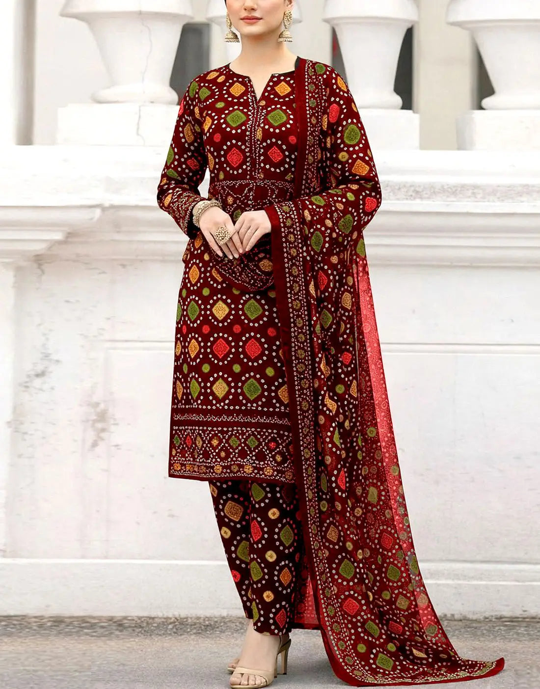 Trendy All-Over Digital Chunri Print Lawn Dress for EID, Everyday and Party Use