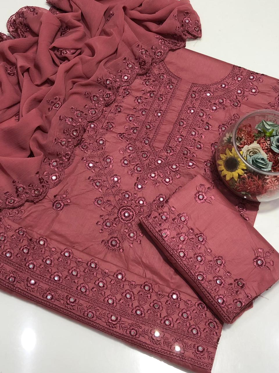 3 PC suit GTM Lawn Pure Shirt Lawn Embroidered with Cutwork embroidery 
Dupatta chiffon embroidery 
Trouser GTM pure Lawn Embroided