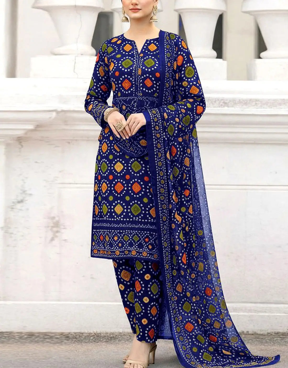 Trendy All-Over Digital Chunri Print Lawn Dress for EID, Everyday and Party Use