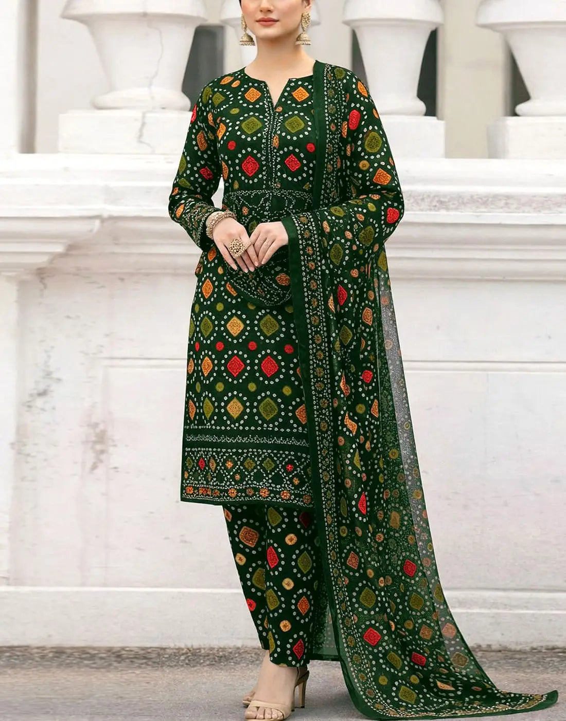 Trendy All-Over Digital Chunri Print Lawn Dress for EID, Everyday and Party Use