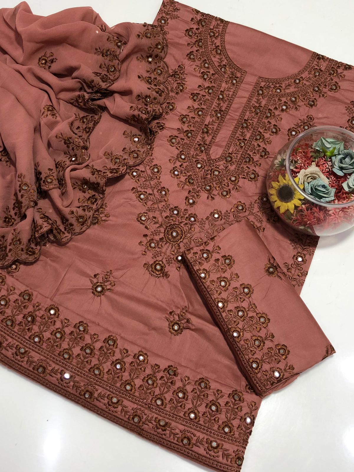 3 PC suit GTM Lawn Pure Shirt Lawn Embroidered with Cutwork embroidery 
Dupatta chiffon embroidery 
Trouser GTM pure Lawn Embroided